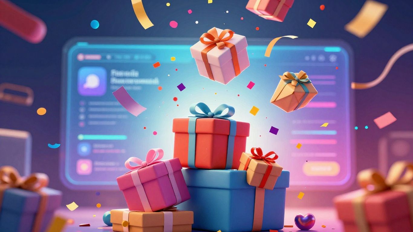 Social media giveaway with confetti and gift boxes.