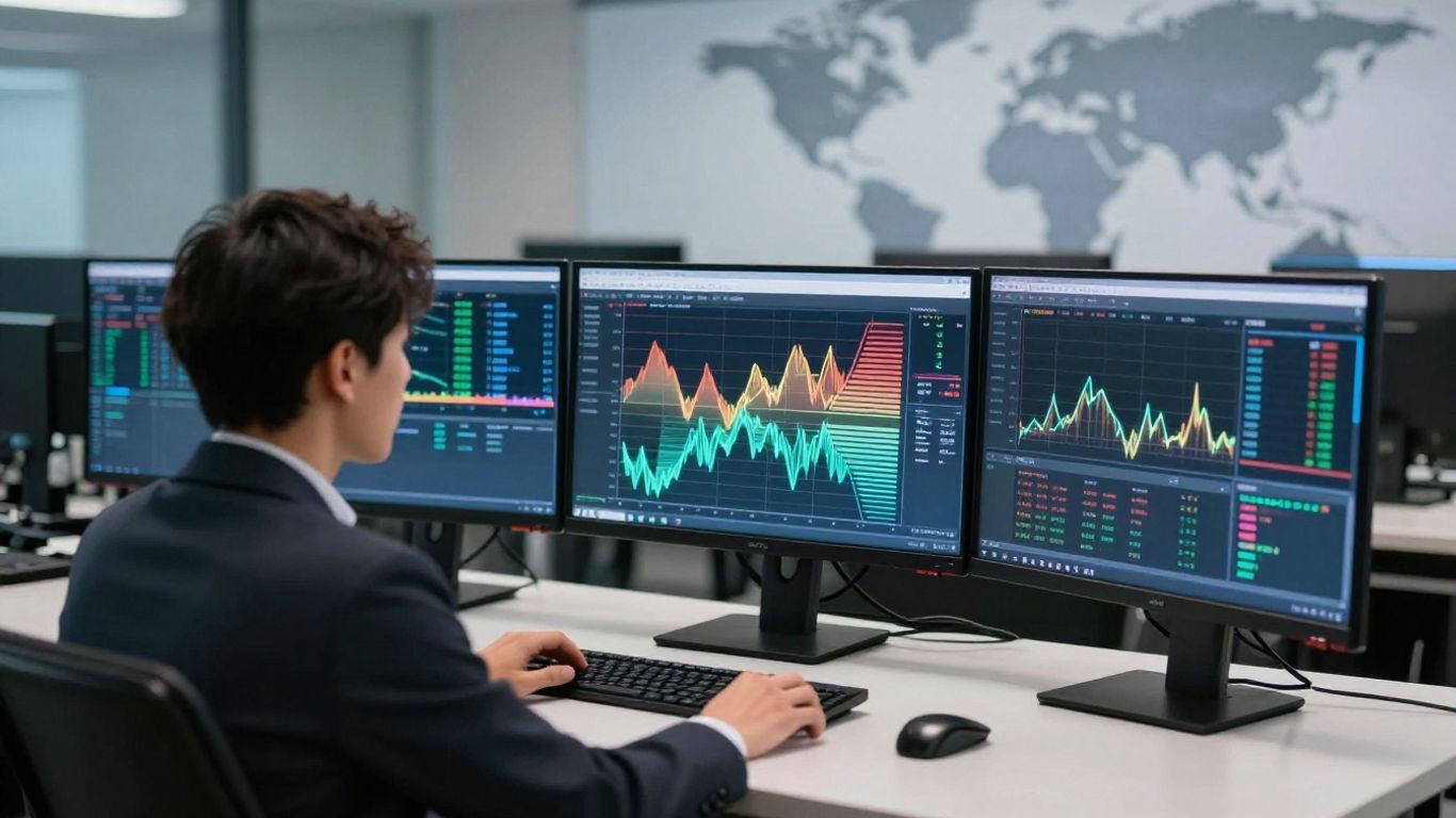 Forex trading desk with abstract currency patterns.