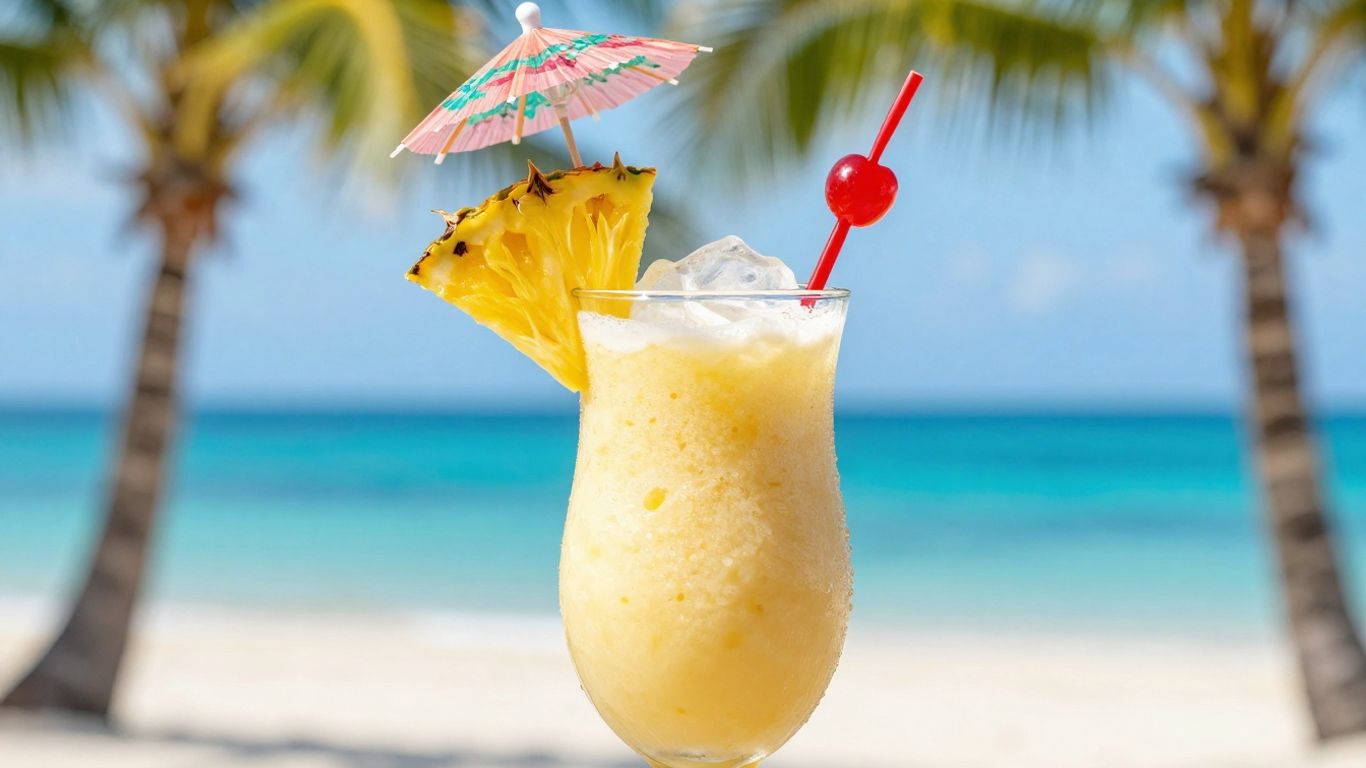 Creamy pina colada smoothie with pineapple and cherry garnish.