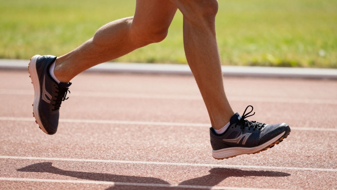 Runner's feet in motion on a track.