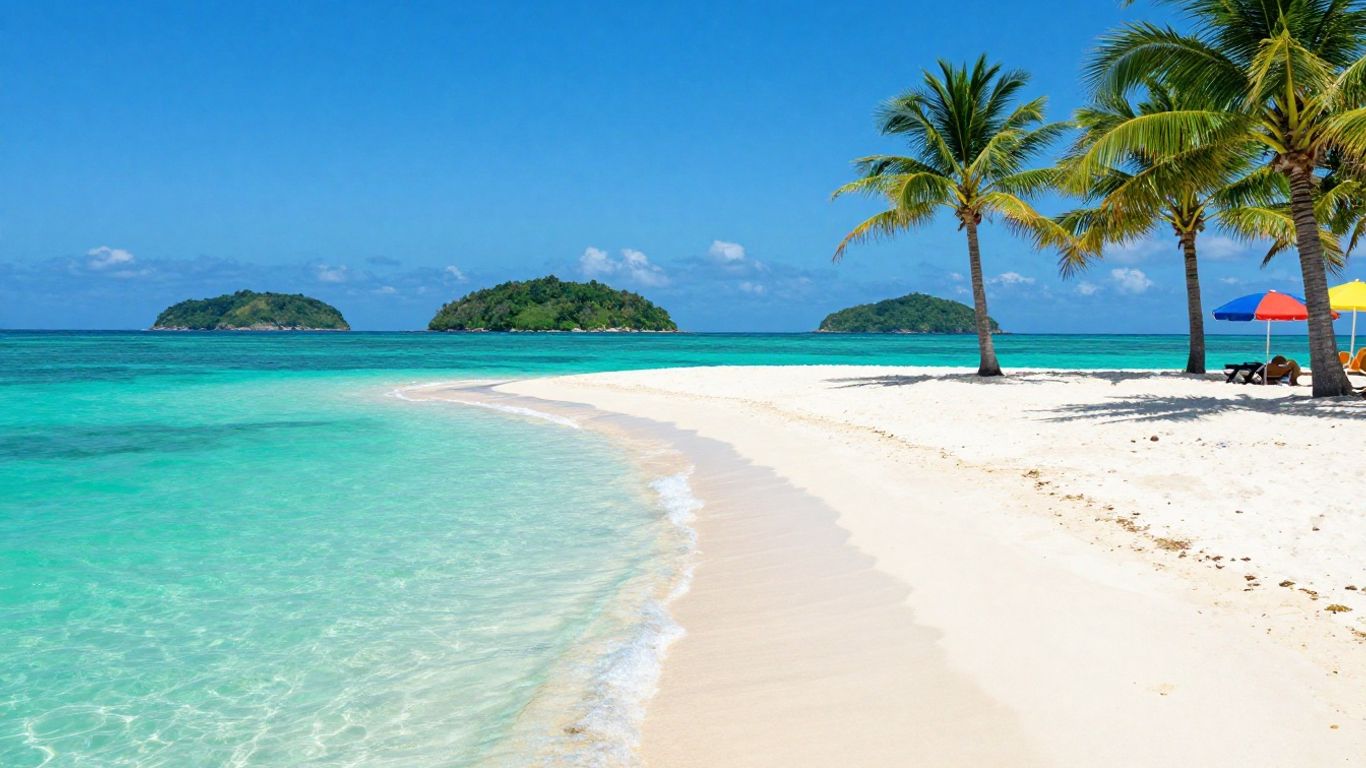 Tropical beach with palm trees and clear blue water.