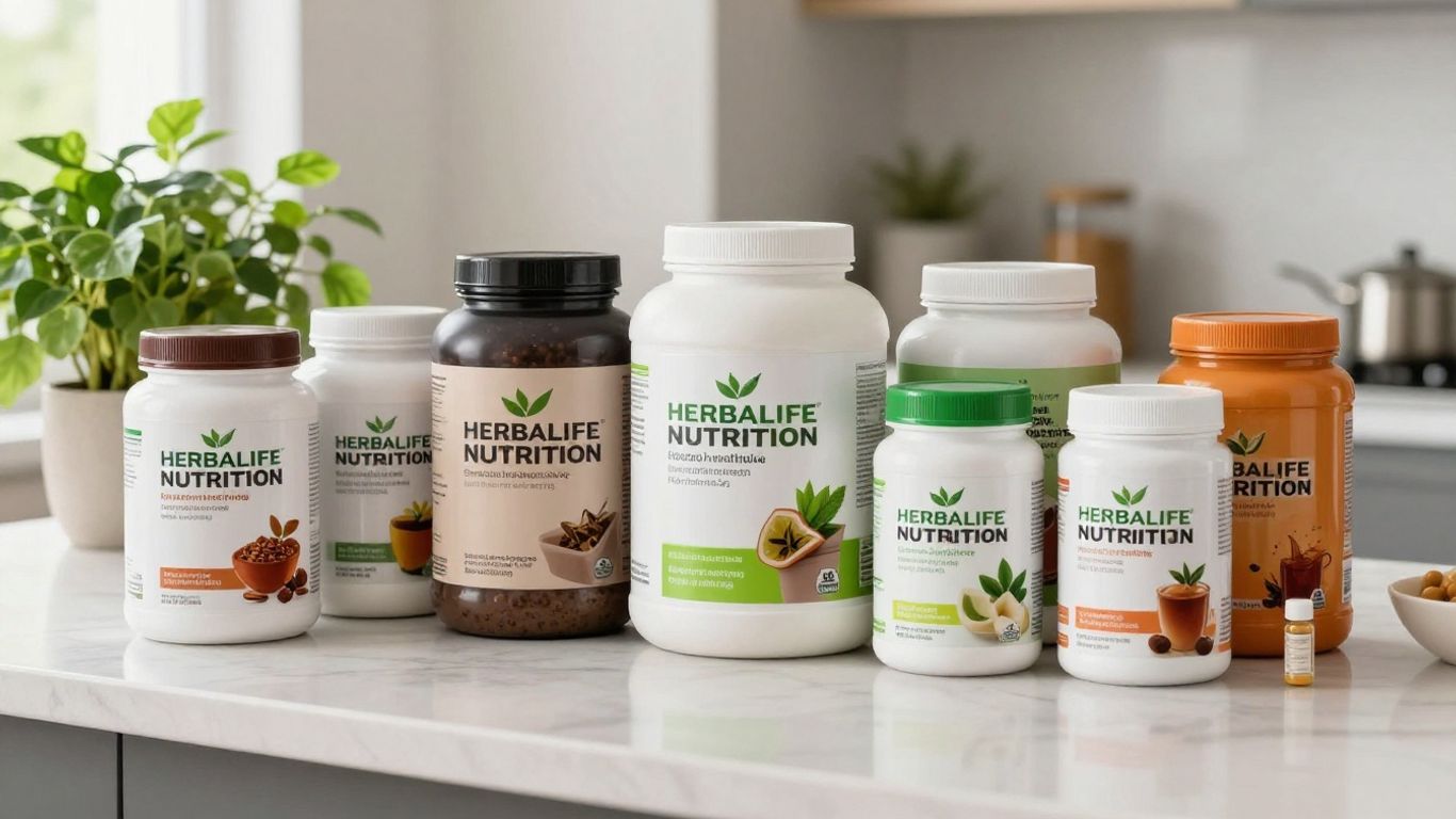 Herbalife Nutrition products arranged on a kitchen counter