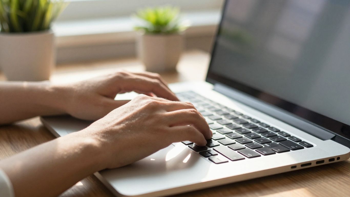 Hands typing on a laptop keyboard in a sunlit room.