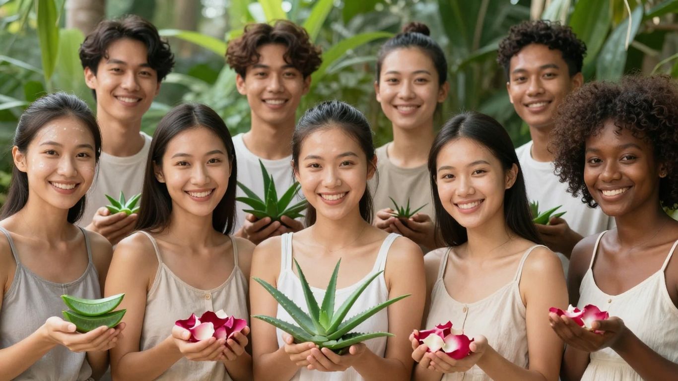 Diverse skin tones with natural ingredients for radiant skin.