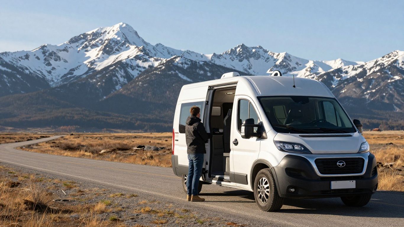 Campervan parked with mountains in the background.