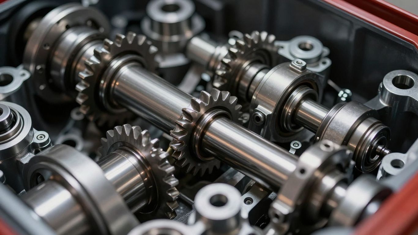 Close-up of car gearbox internal mechanical components.