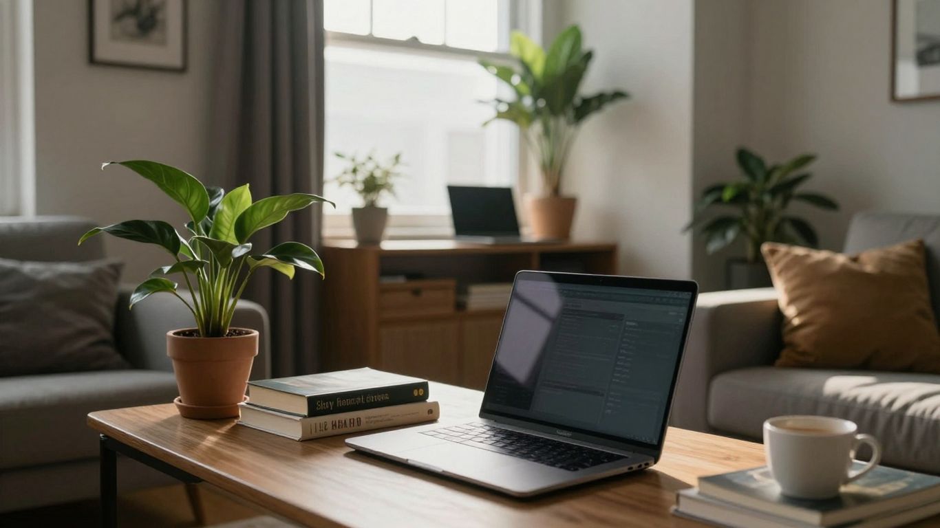 Interior de apartamento con objetos personales y luz.