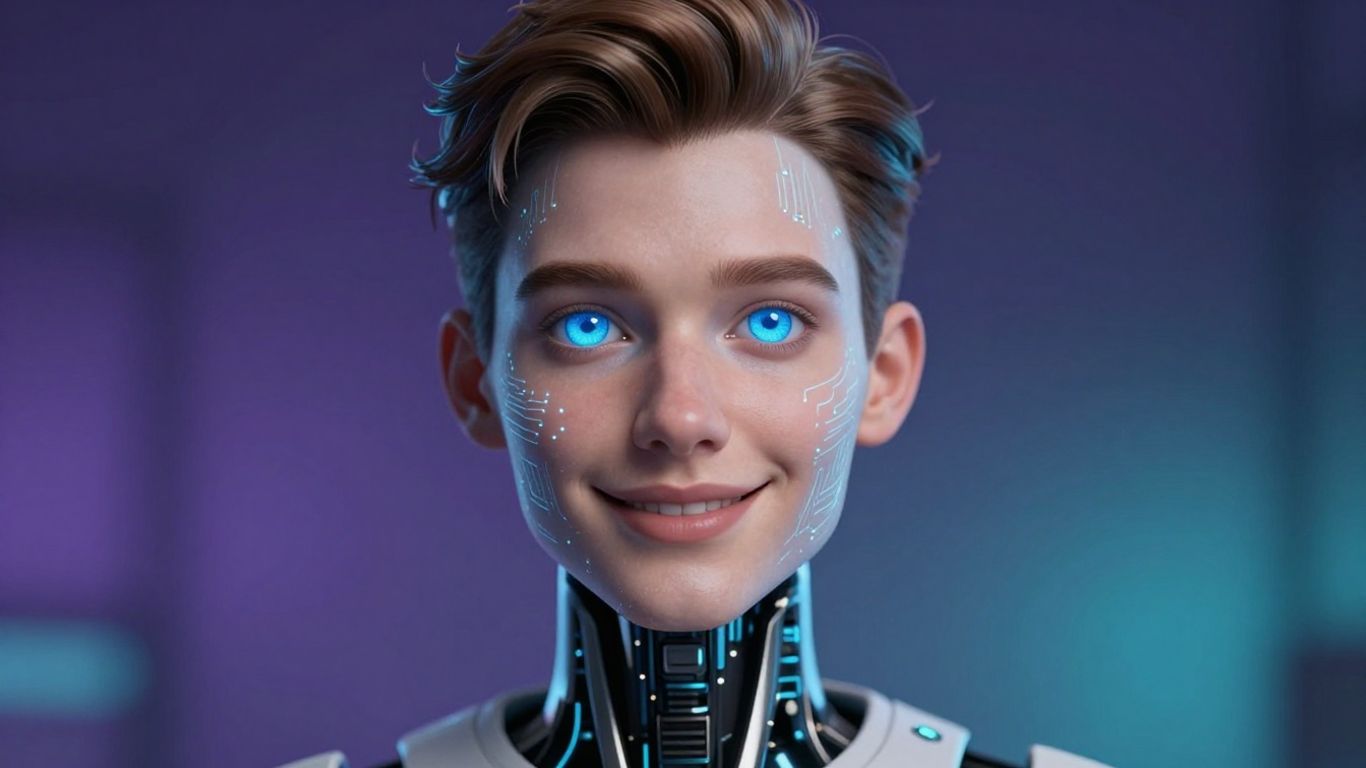 AI chatbot avatar with glowing eyes and digital patterns.