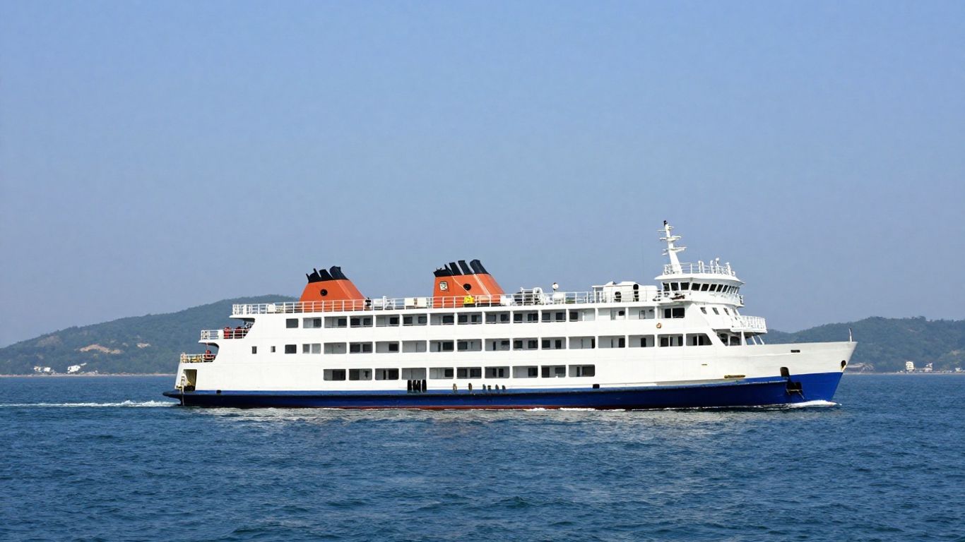 Ferry sailing across the sea towards land.