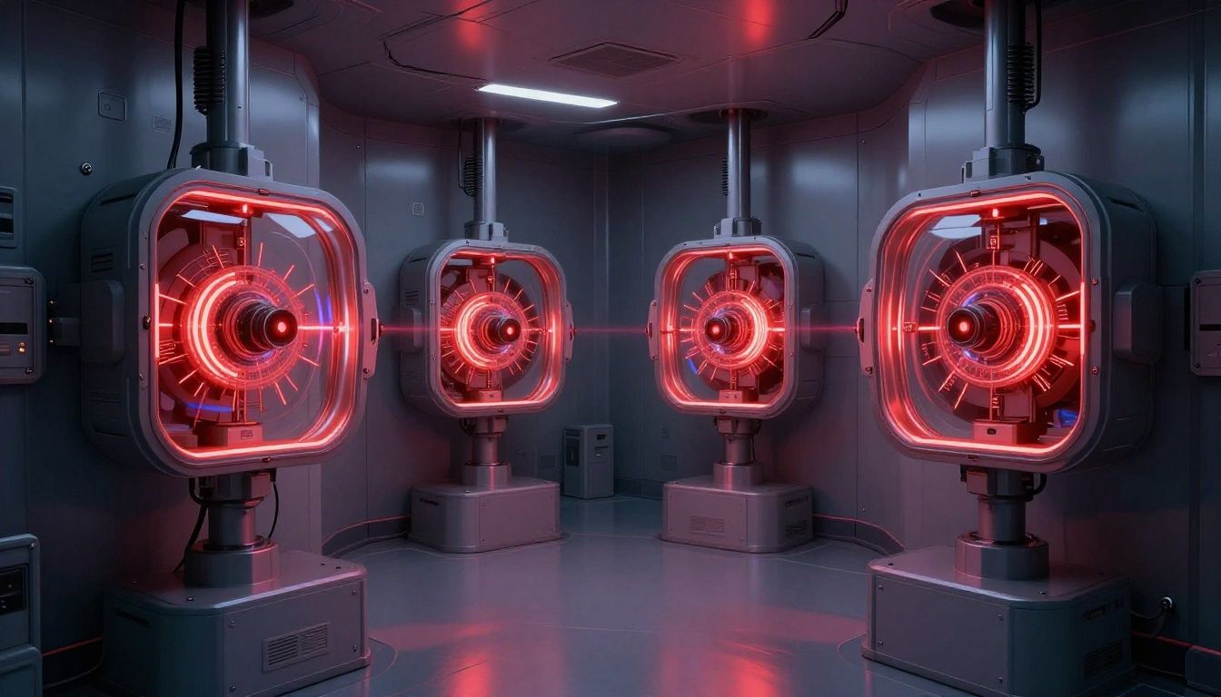 Uma câmara de testes futurista com feixes de laser vermelhos cruzando o cenário e portais brilhantes nas paredes