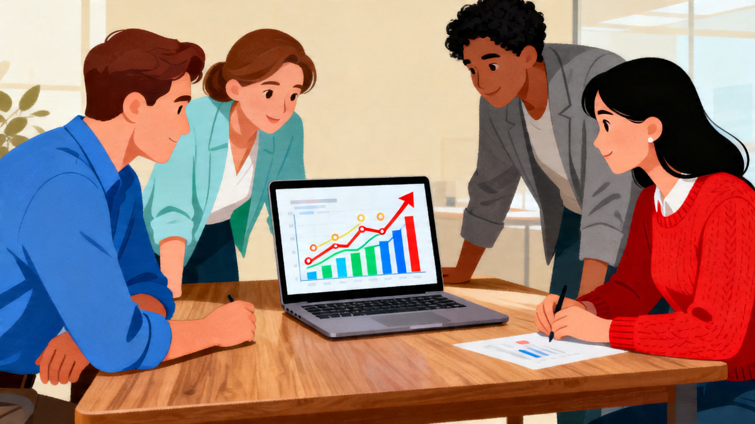 A diverse team of professionals collaborating around a laptop displaying a growth chart, symbolizing a crm productivity boost.