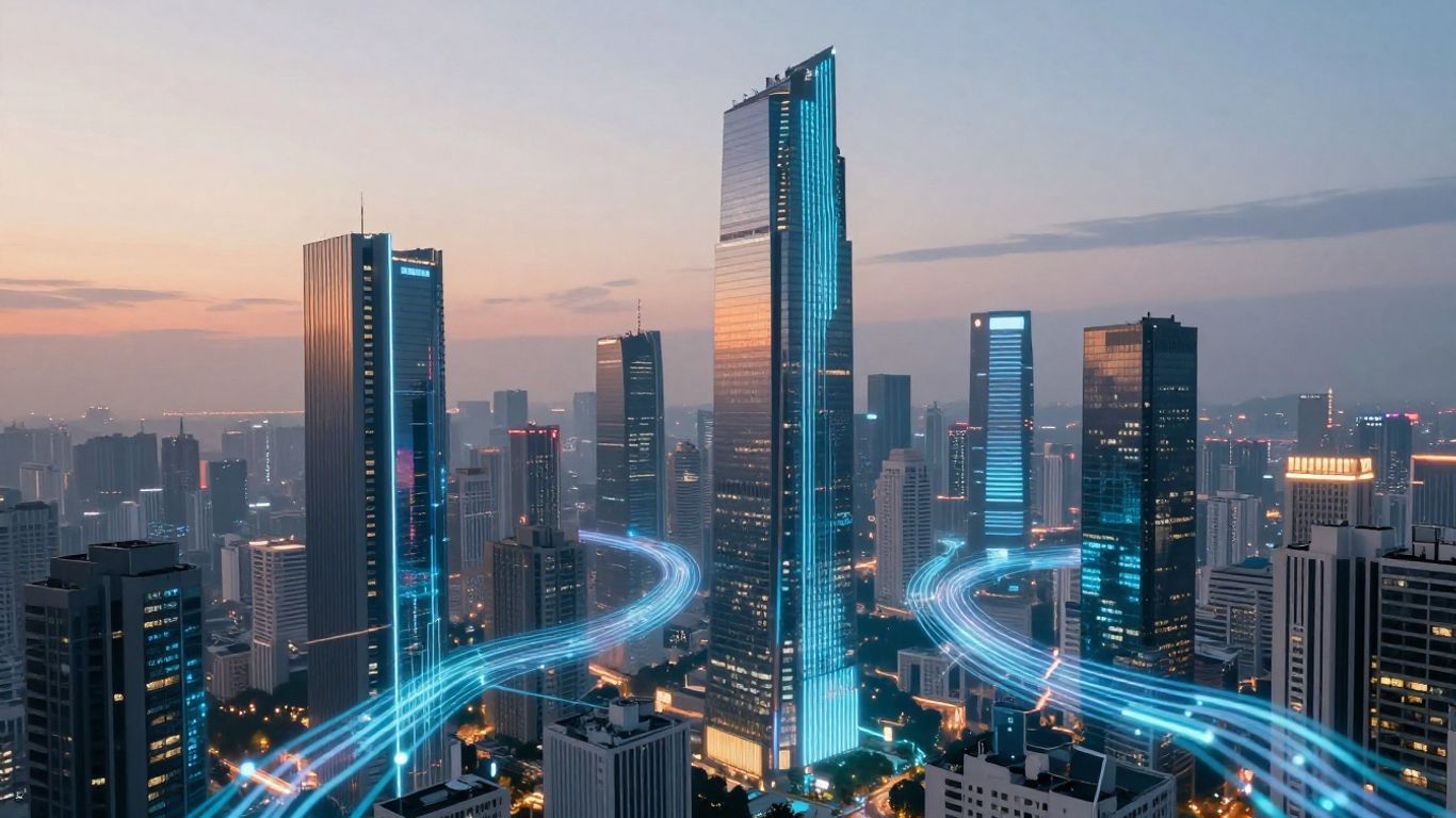 Futuristic city with glowing data streams.