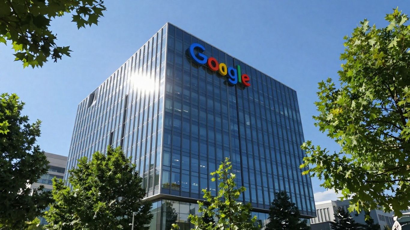 Google headquarters building with logo and trees.