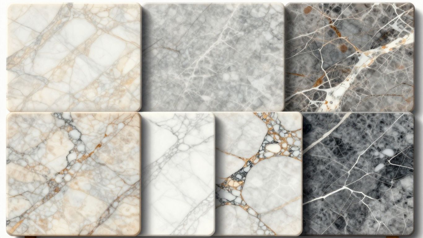 Diverse marble slabs with intricate veining.