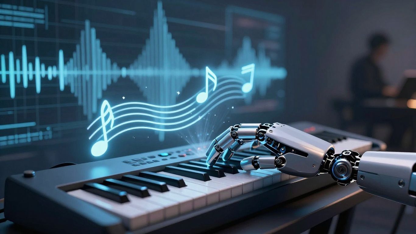 Robot composing music with glowing notes.