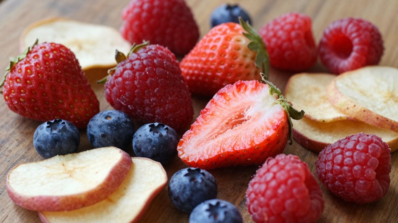 Assortment of colorful freeze-dried fruits on a wooden surface.
