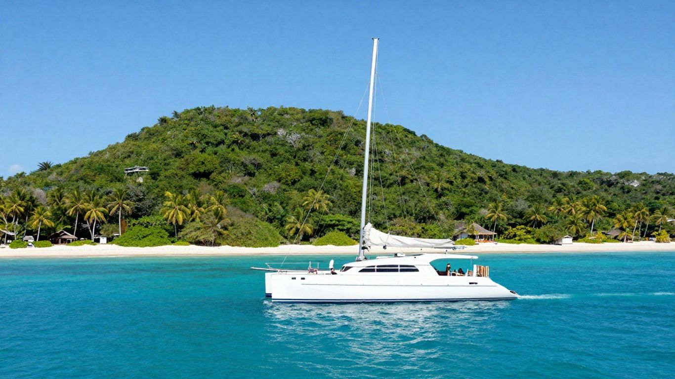 Catamaran sailing in clear turquoise Caribbean waters.