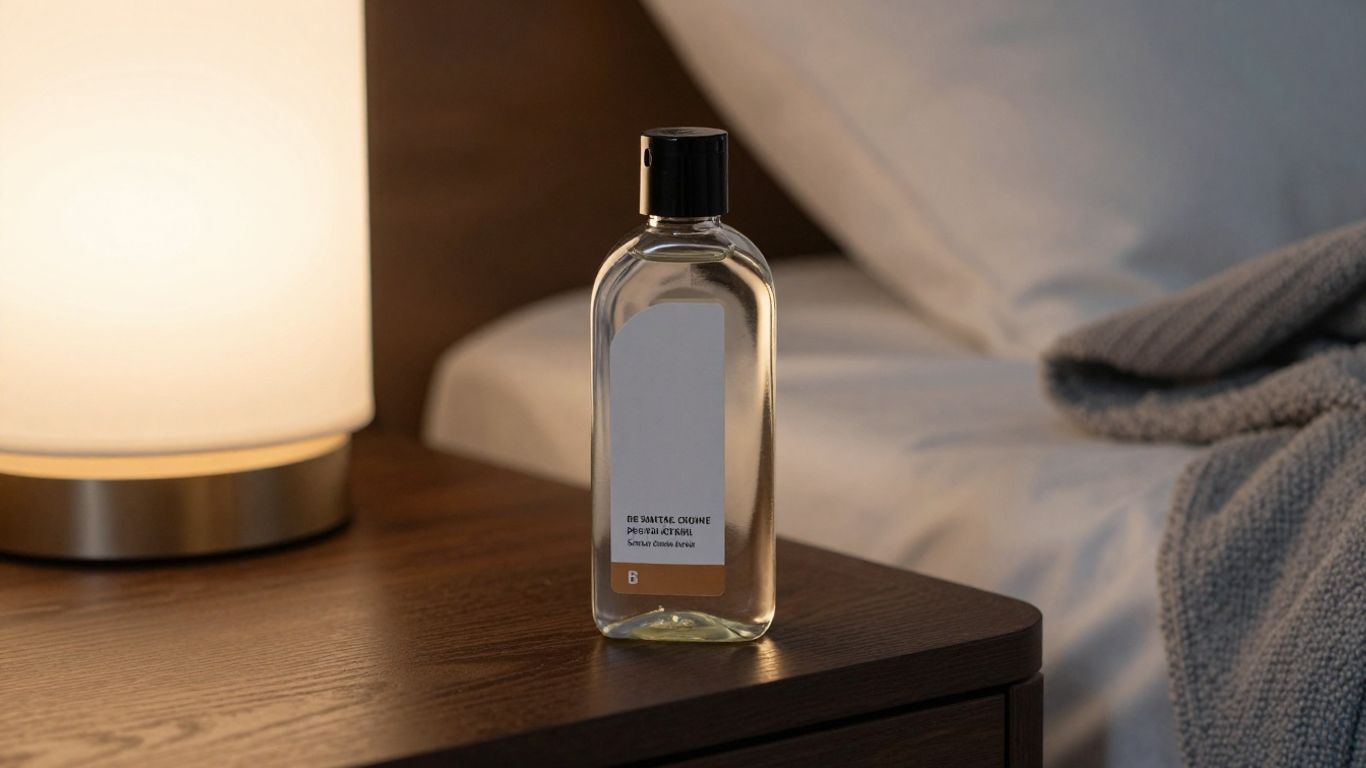 A bottle of lubricant sitting on a bedside table