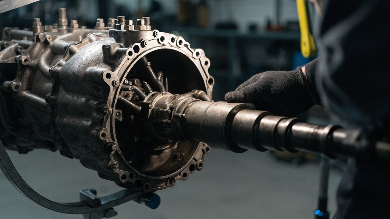 Technician inspecting a used BMW transmission
