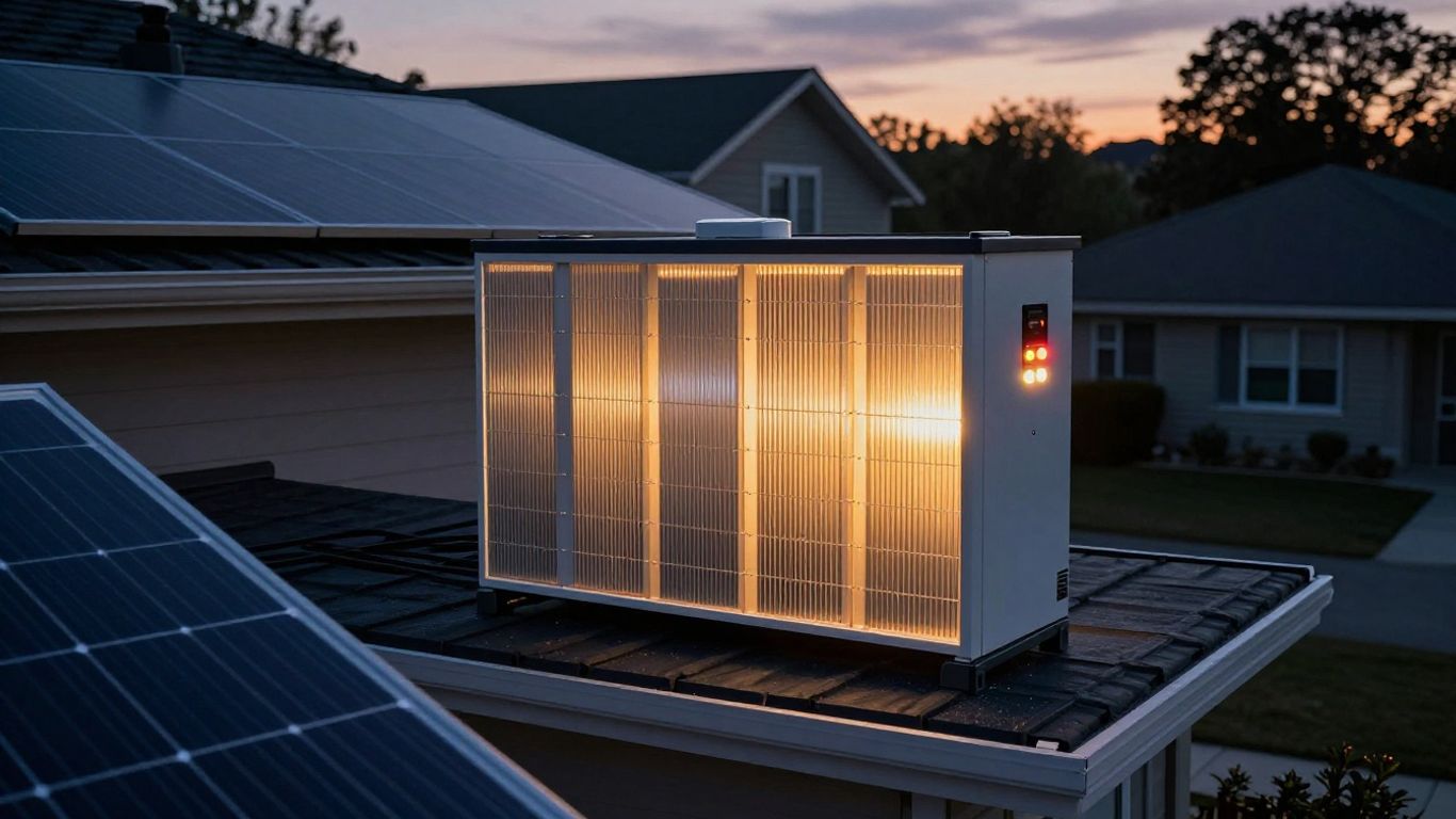 Home battery and solar panels on a house at dusk.