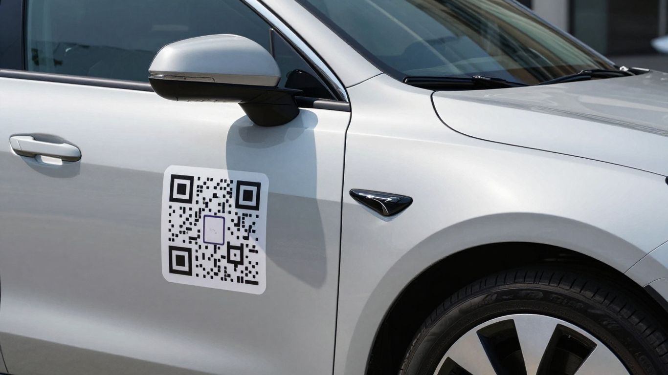 Car with a business sticker and QR code.