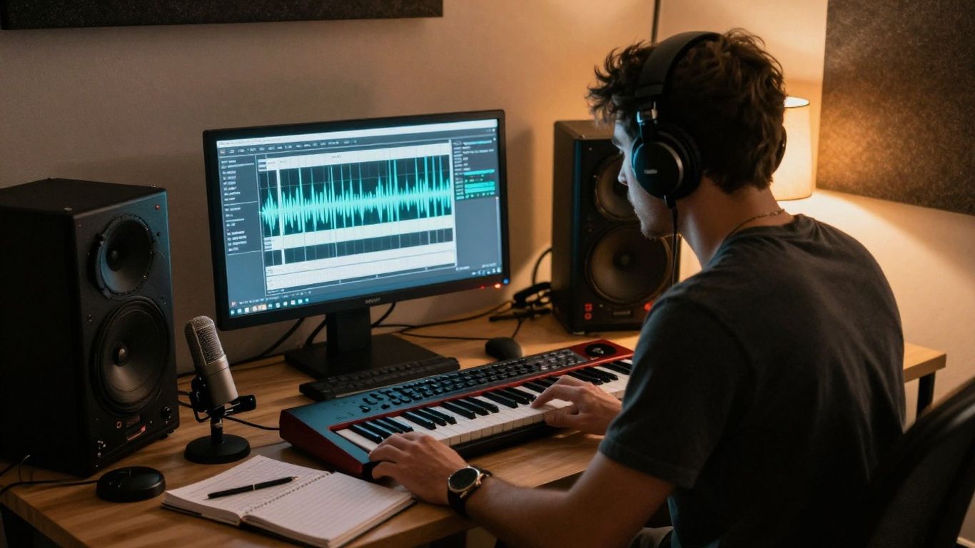 Artist reviewing personalized AI music concepts in a studio