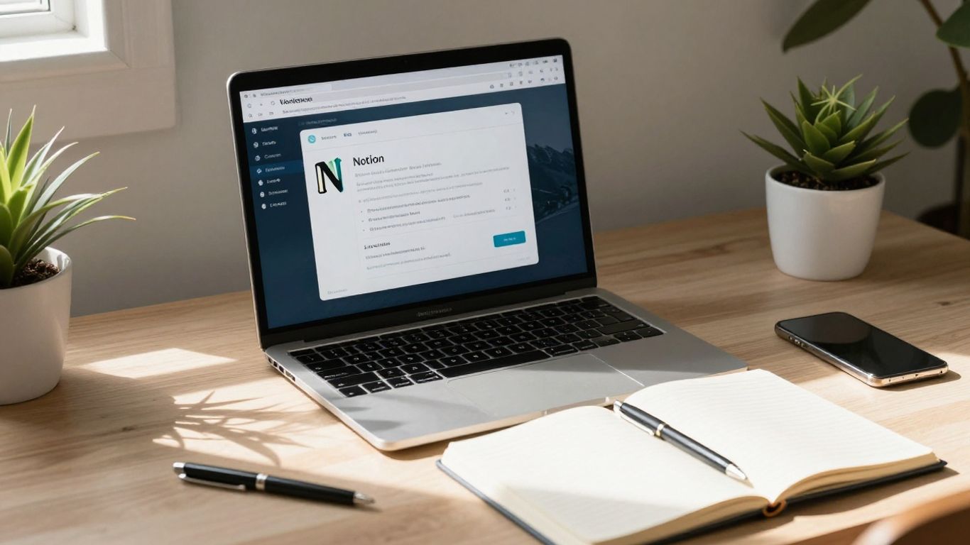Notion app on a laptop, desk setup.