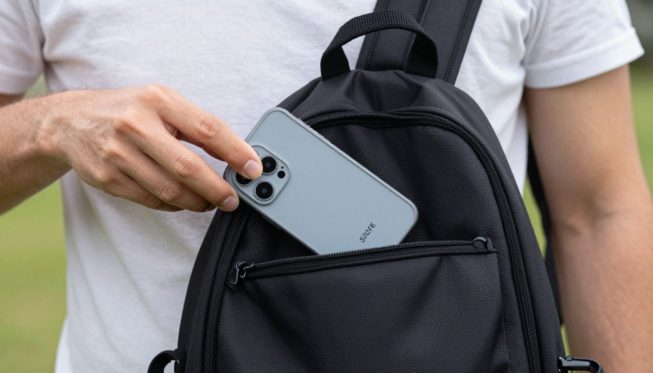 An outdoor lifestyle shot of an Australian commuter retrieving their Galaxy S25 FE from a backpack protected by a sturdy phone case
