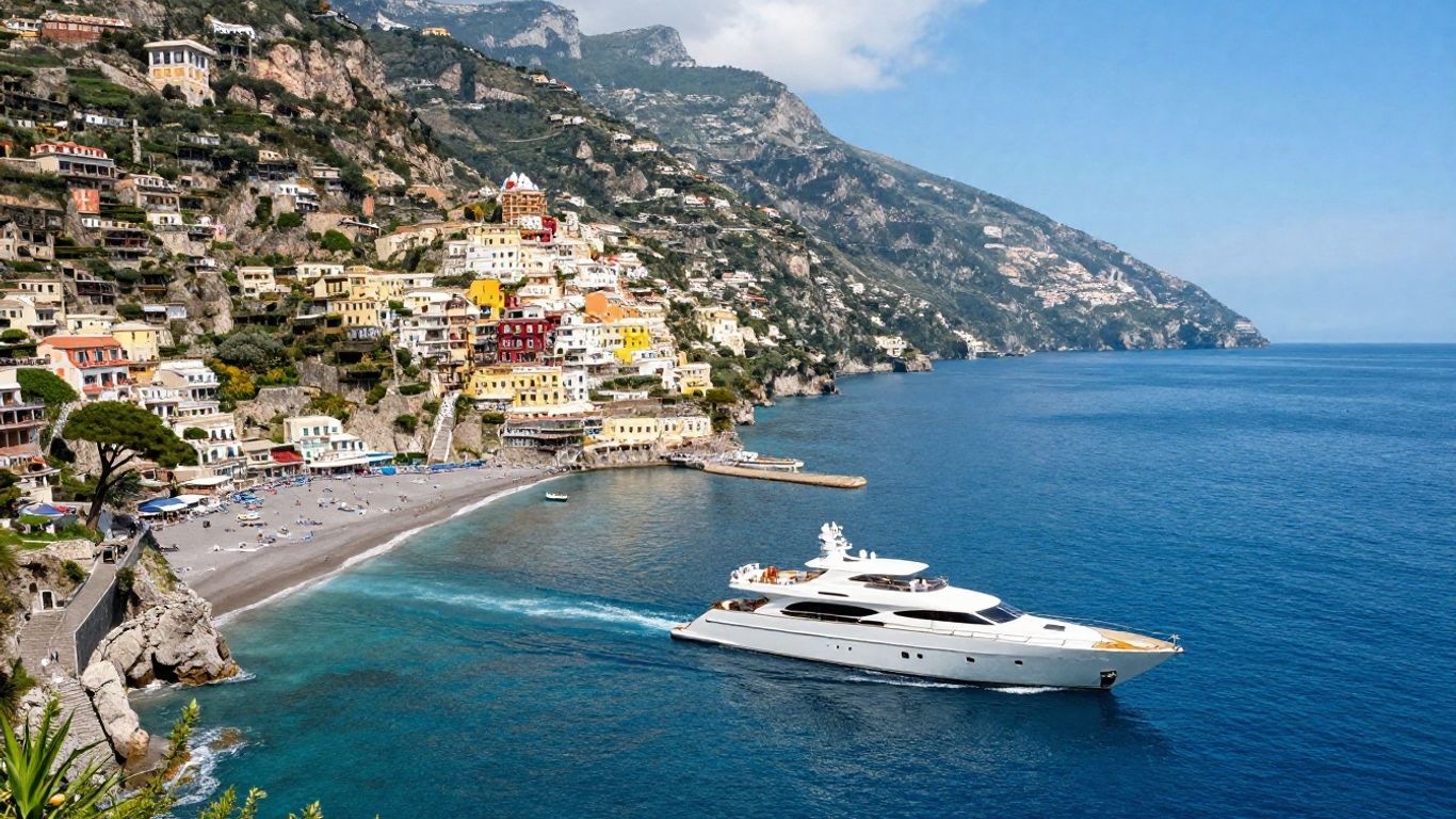 Luxury yacht sailing along the Italian coast.