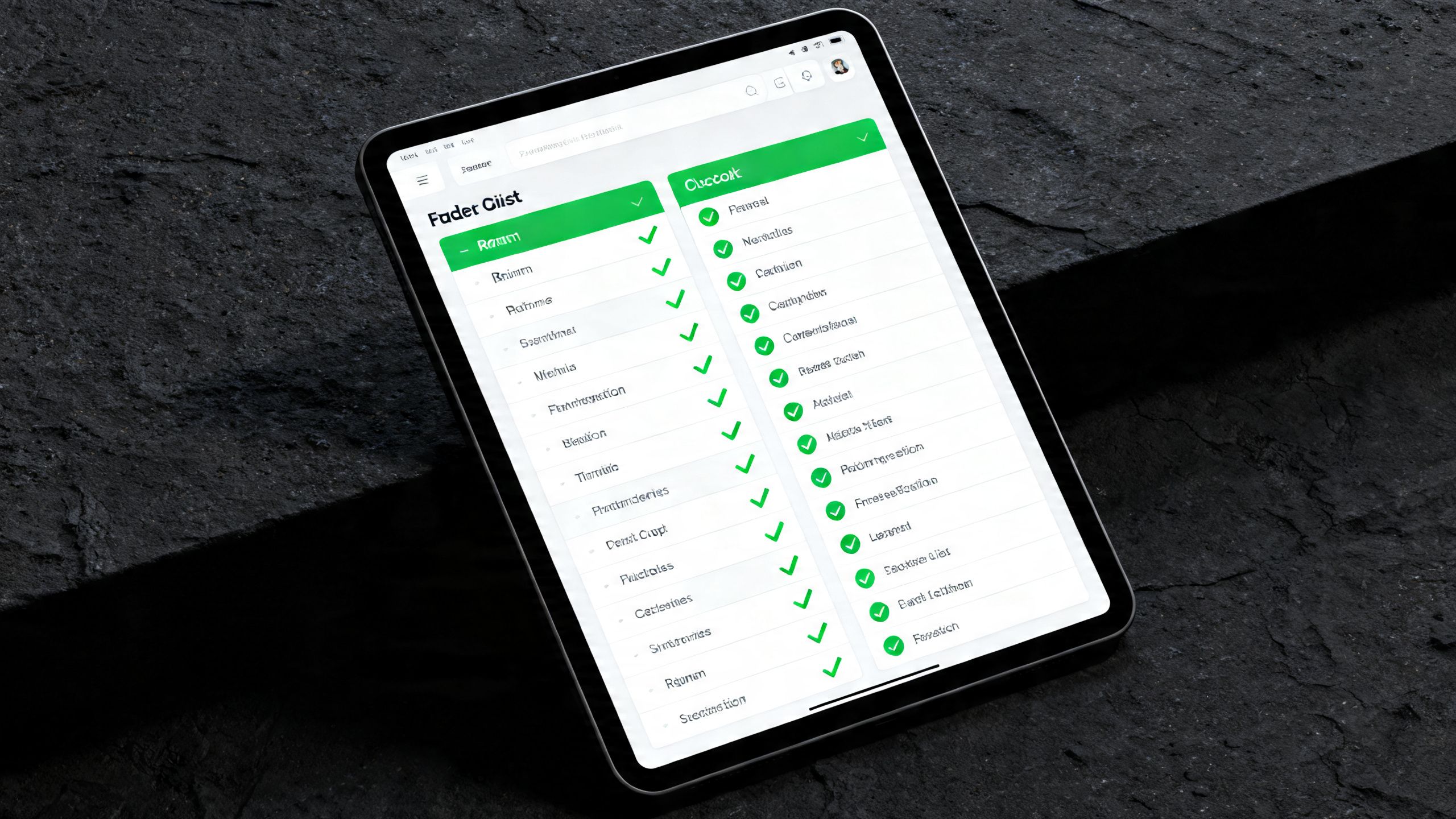 A side-by-side feature checklist on a digital tablet, with checkmarks in green for different CRM functionalities.