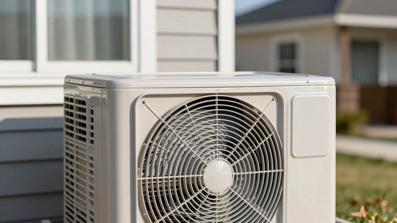 Air conditioning unit exterior with house background.