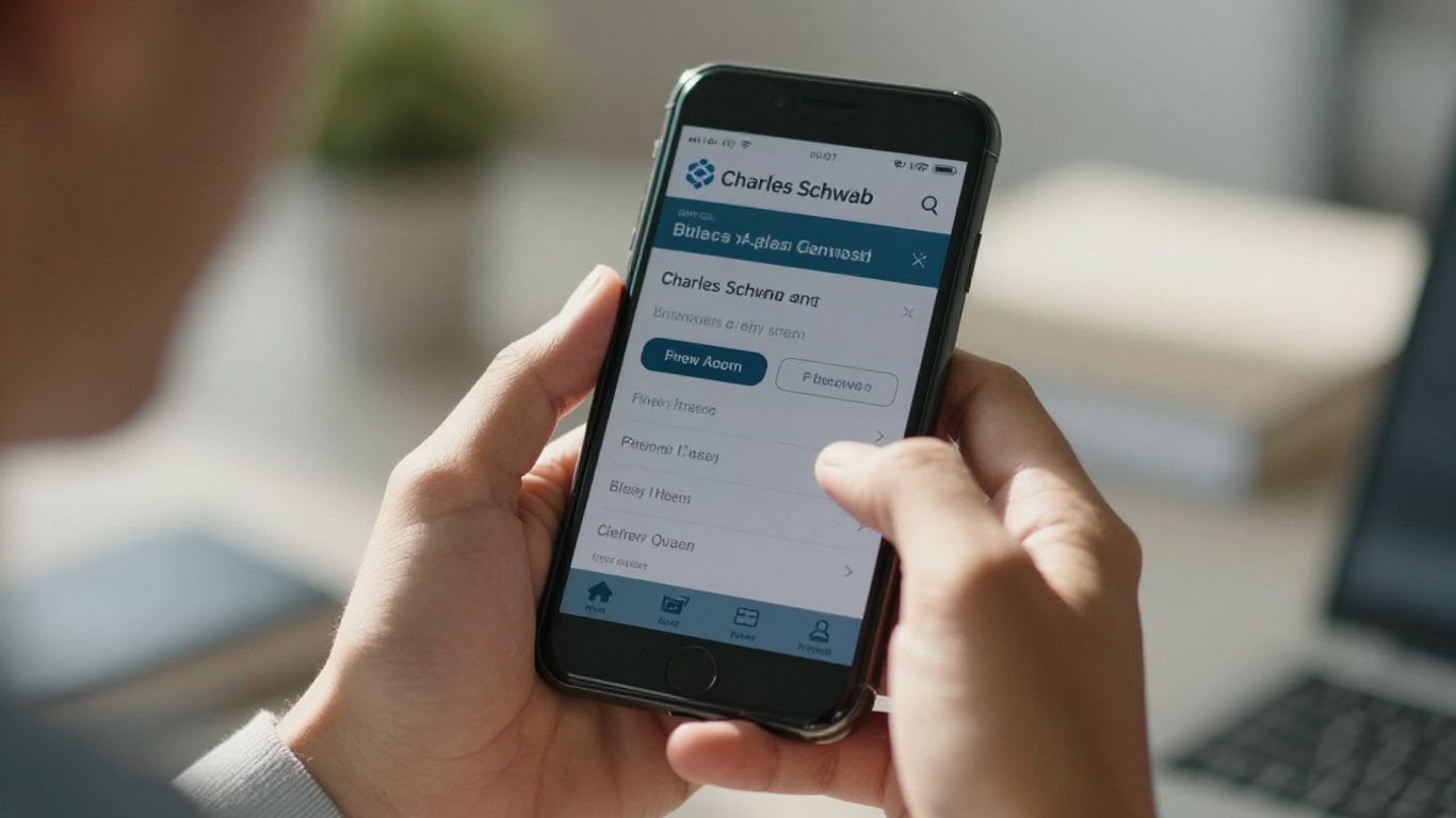 Hands holding smartphone with Charles Schwab app open.