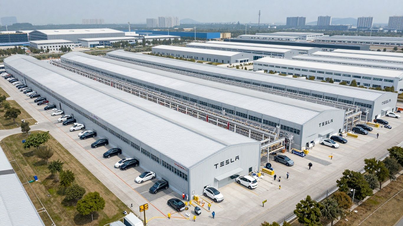 Tesla factory with cars on assembly lines