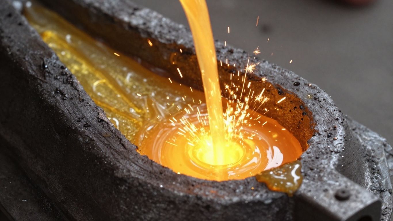 Ouro derretido fluindo para um molde para criar uma joia.