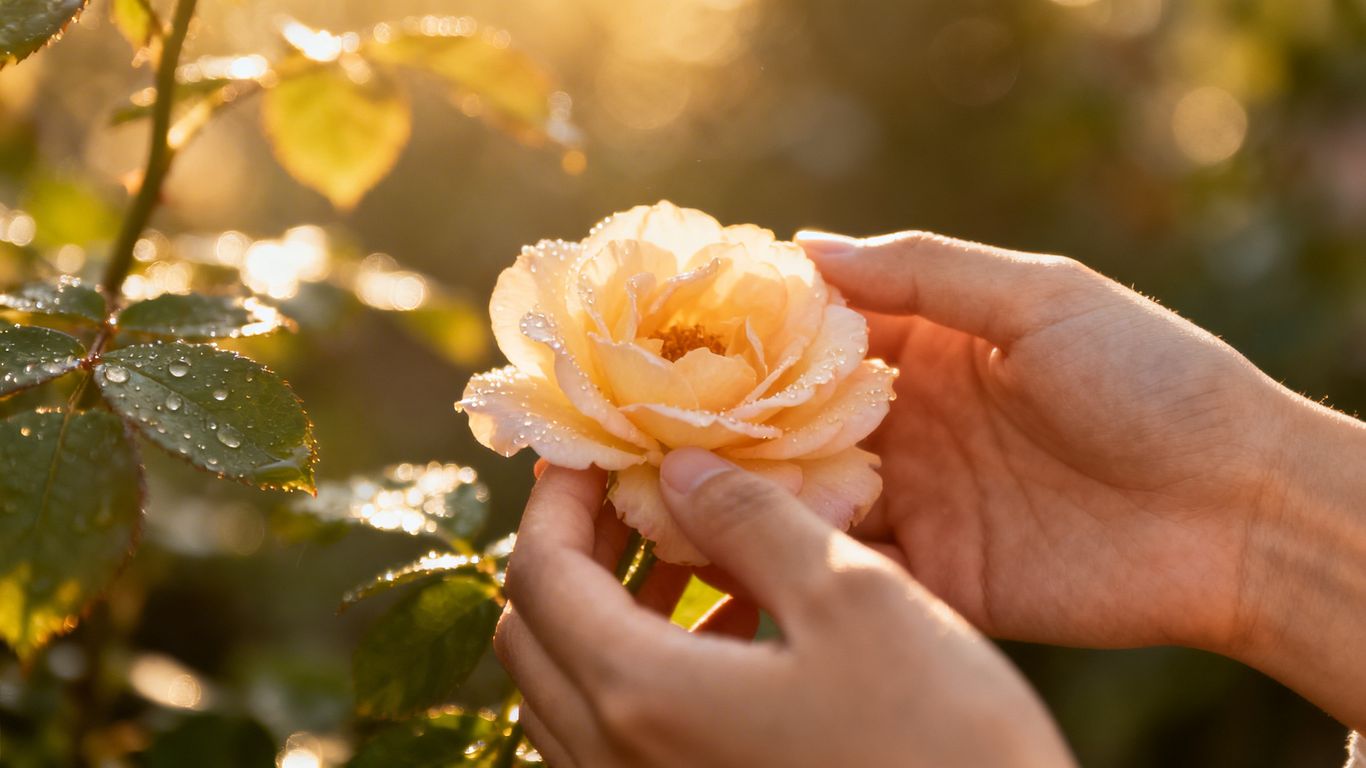 Hands holding a blooming flower in sunlight.