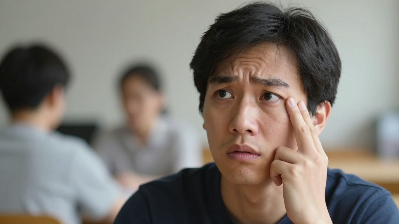 Confused adult struggling with focus amidst complexity.