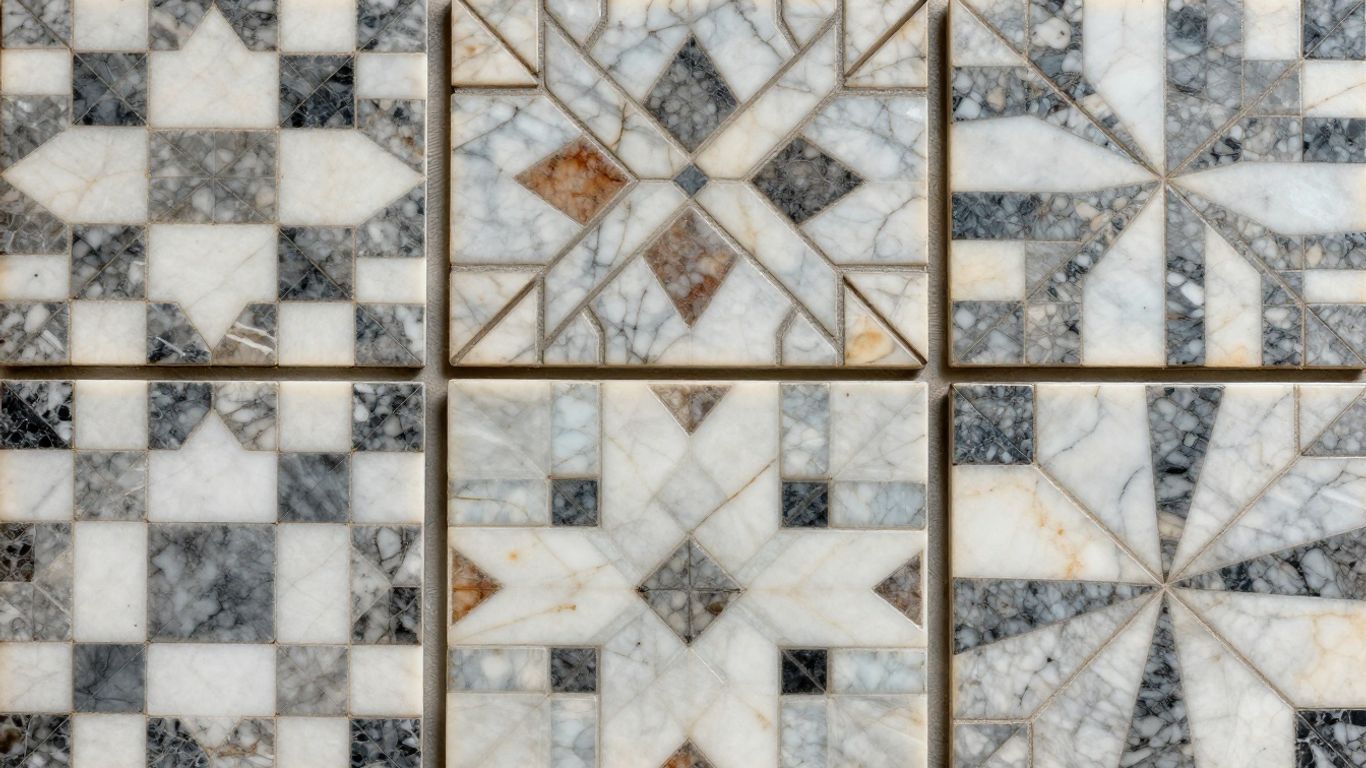 Marble mosaic tiles in various patterns and colors.
