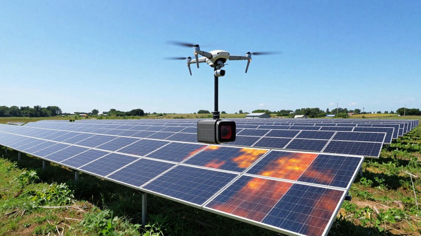 Drone taking thermal images over solar panel field.
