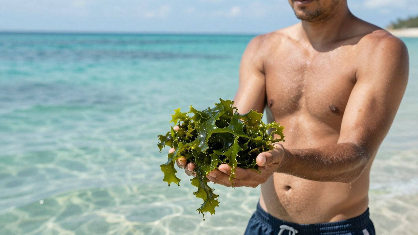 Man holding sea moss with ocean background