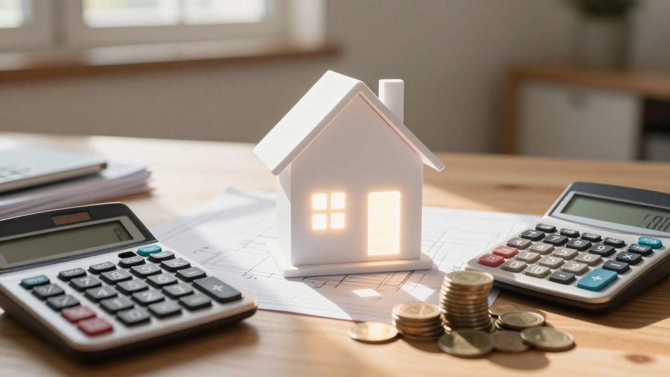 Homeowner planning finances with house and money icons.