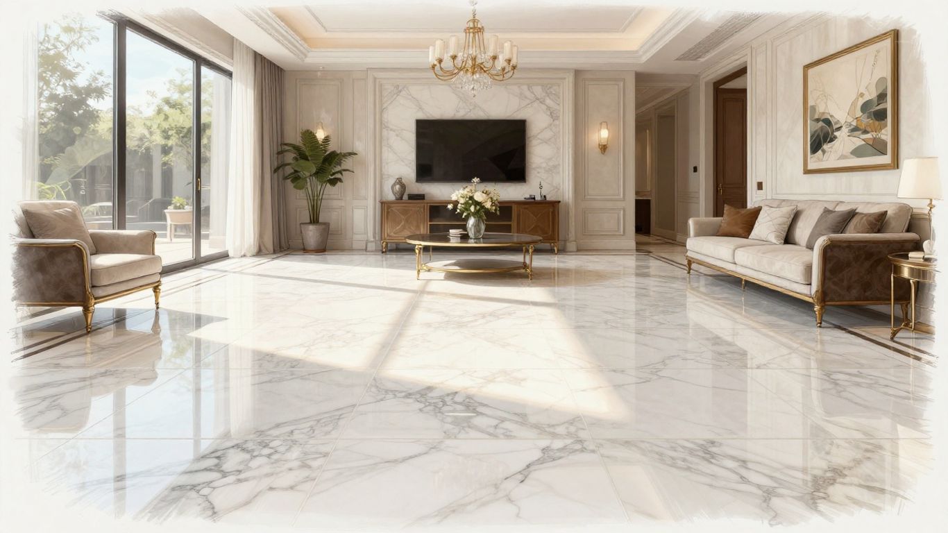 Grand living room with expansive marble tiles, illustrative sketch.
