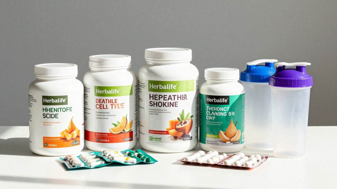 Herbalife products and shaker bottles on a bright surface.