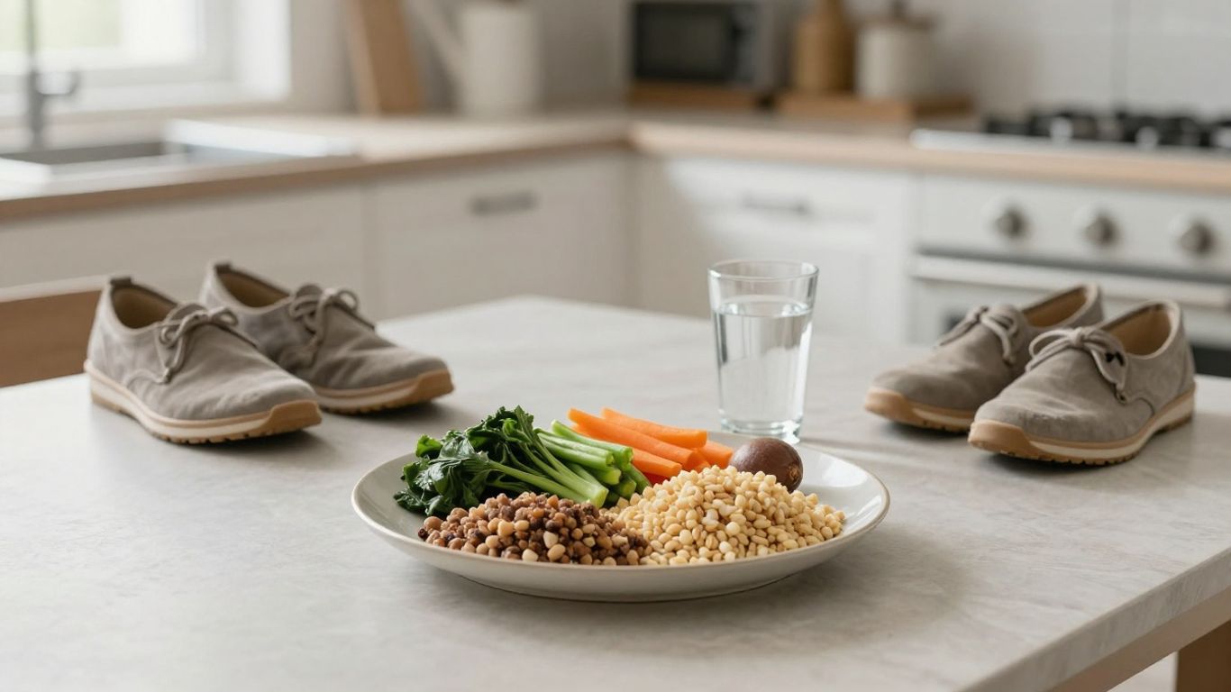 Comida equilibrada y zapatillas para caminar junto a una ventana