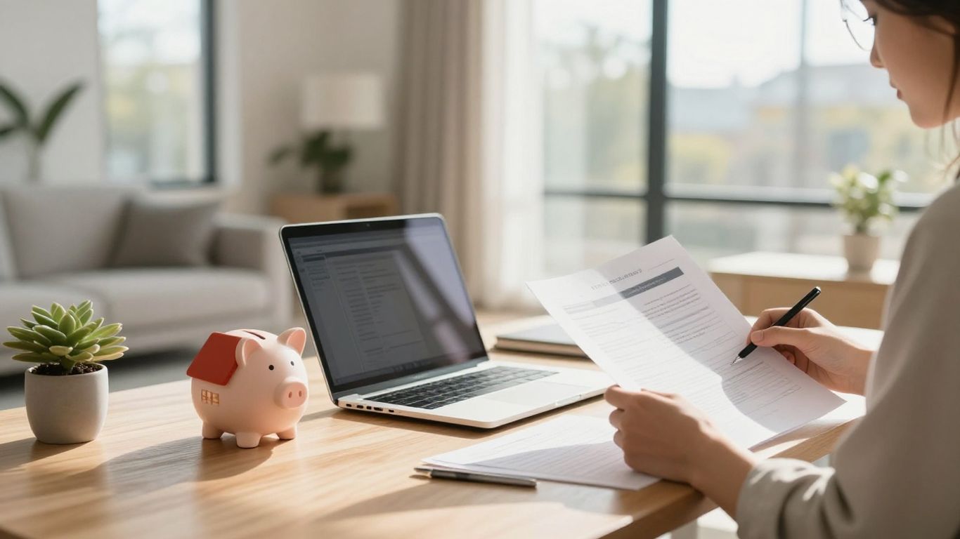 Person reviewing home loan documents at a desk.