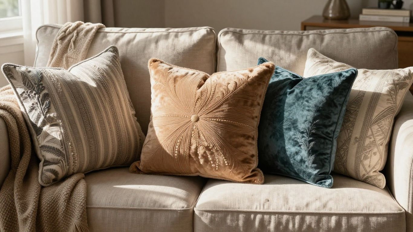Stylish pillow covers on a sofa.