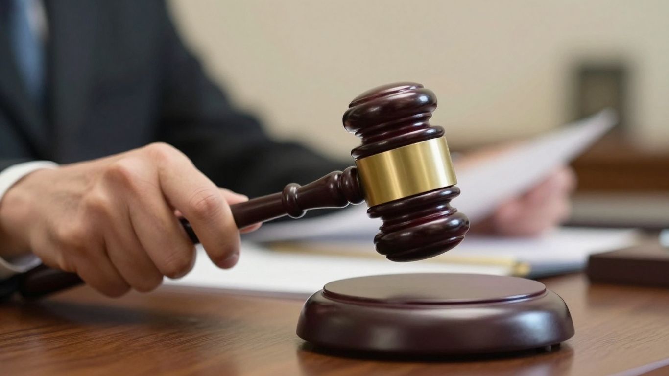 Gavel striking sound block in courtroom.