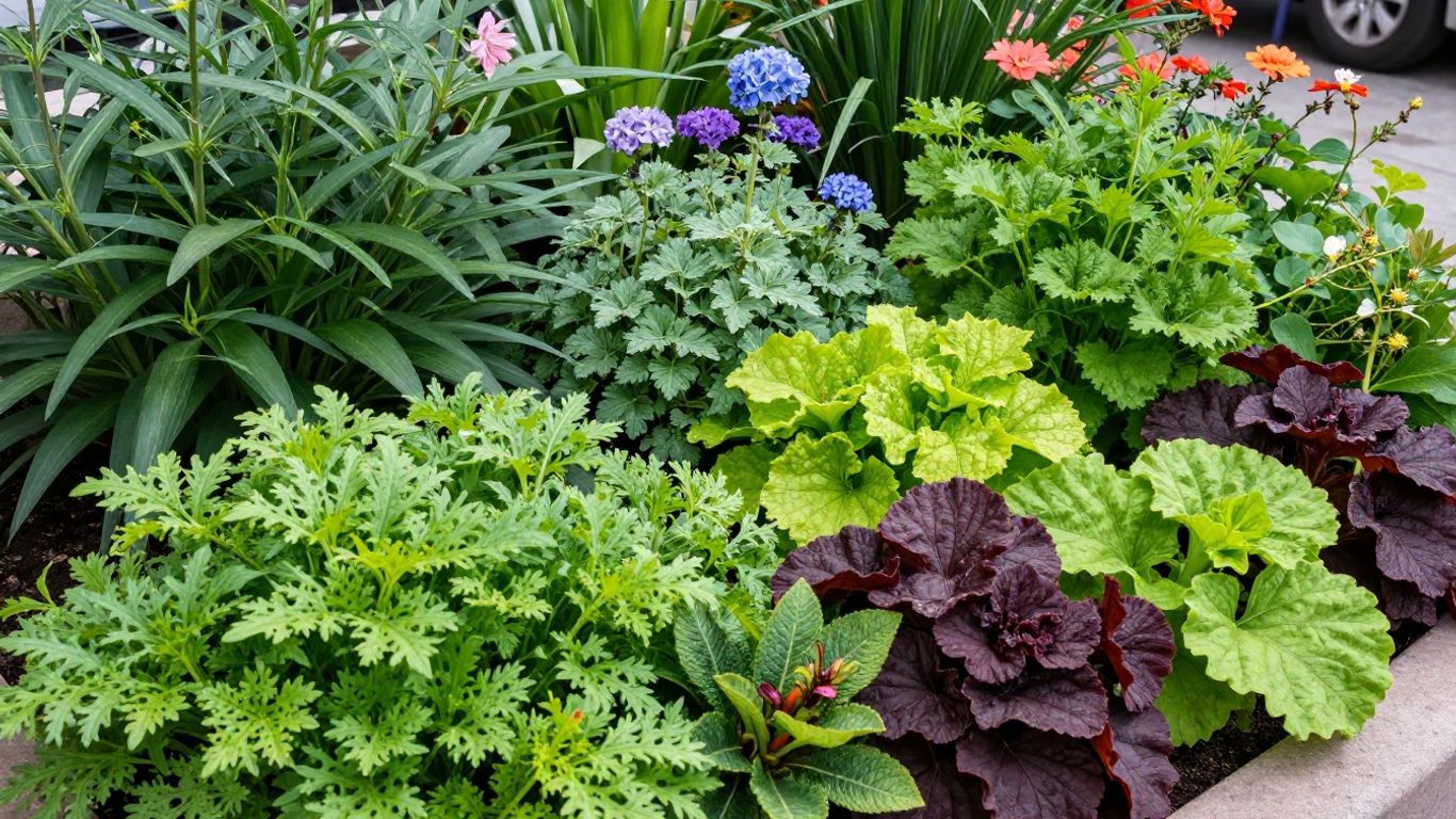Bunte Blumen und Pflanzen in einem kleinen Stadtgartenbeet.