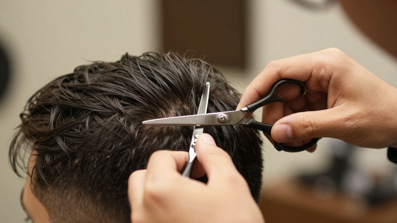 Barber trimming client's beard with scissors.