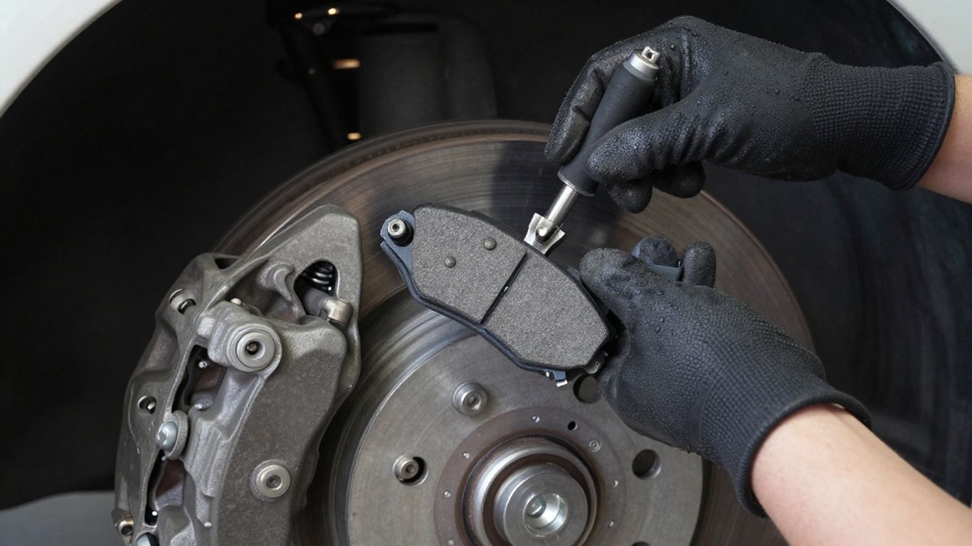 Technician installing new brake pad