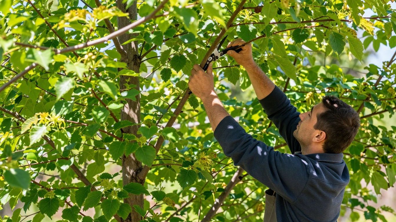 Homeowner pruning a healthy, green spring tree.